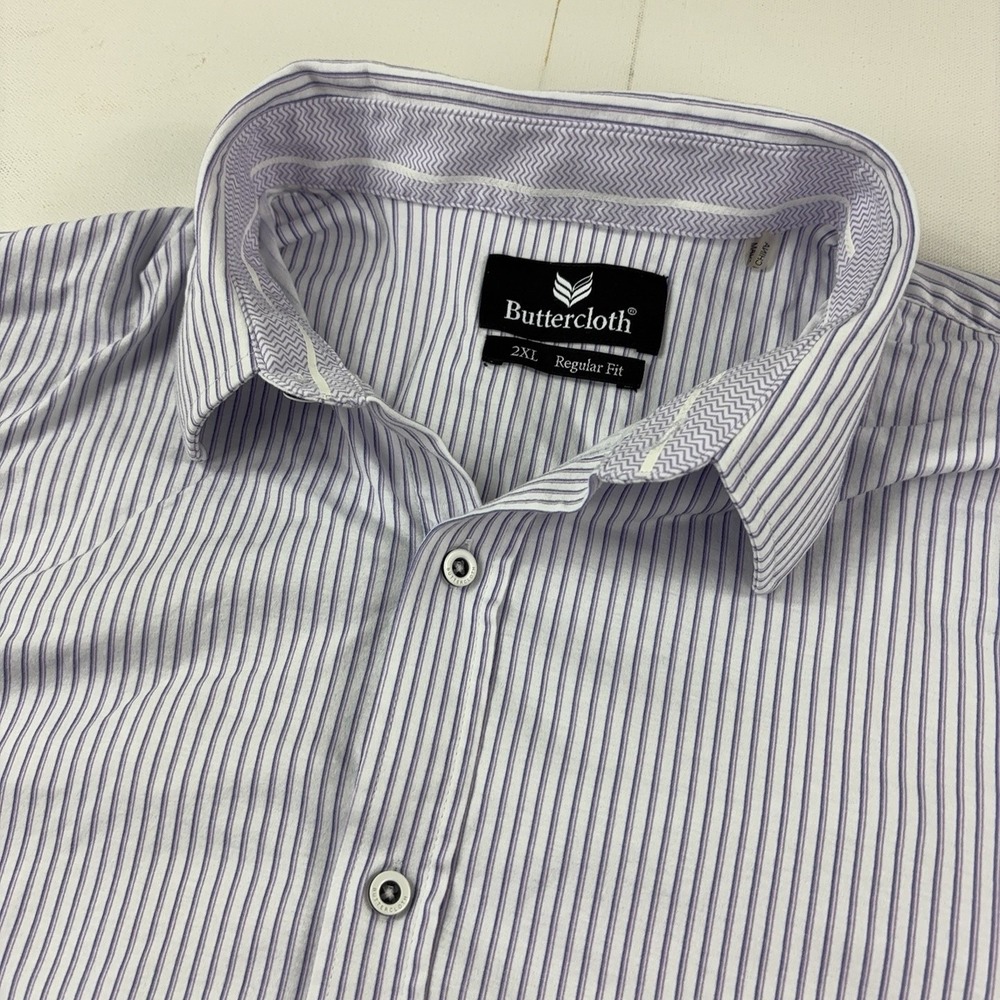 Buttercloth Shirt Mens 2XL White Stripe Regular Fit Cotton Dress Long Sleeve